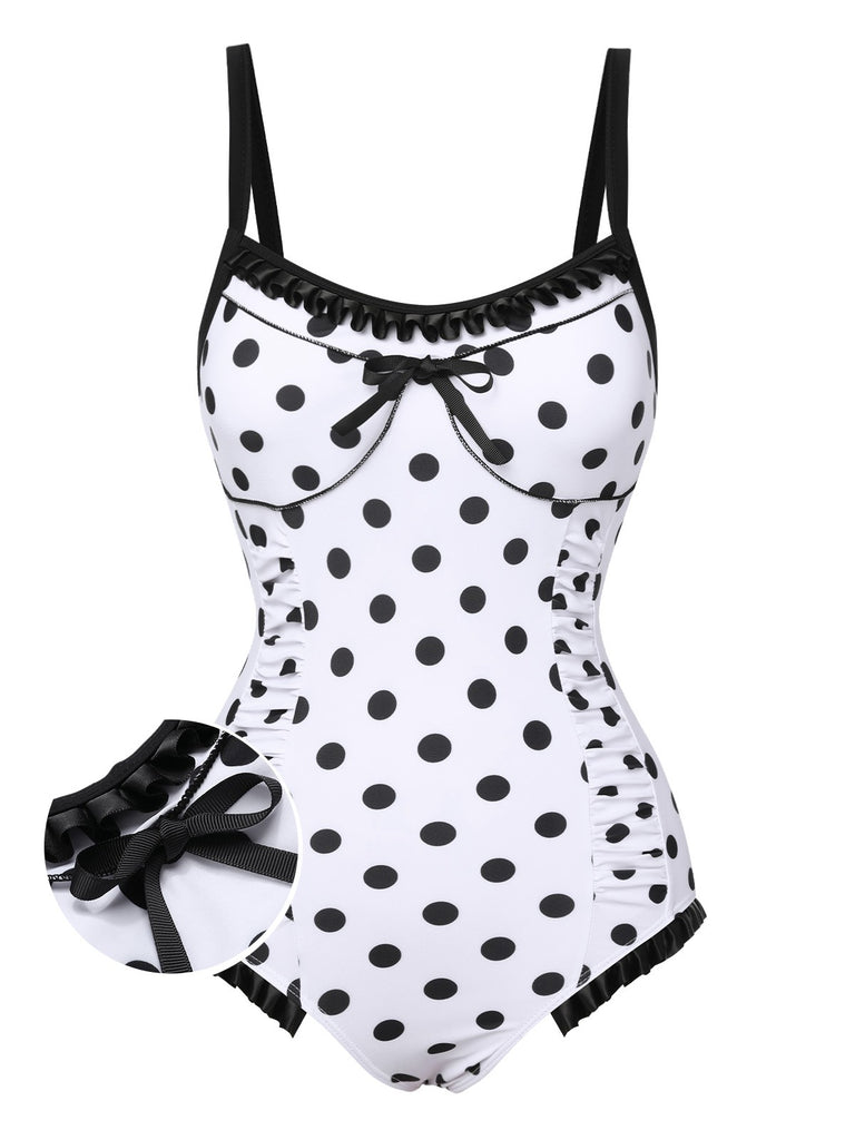 White 1950s Polka Dots Strap Swimsuit