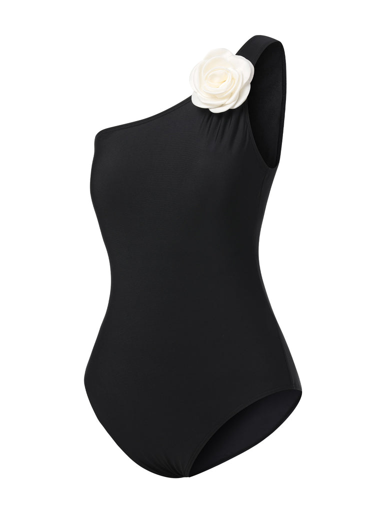 Black 1970s 3D Flower One-Shoulder Swimsuit