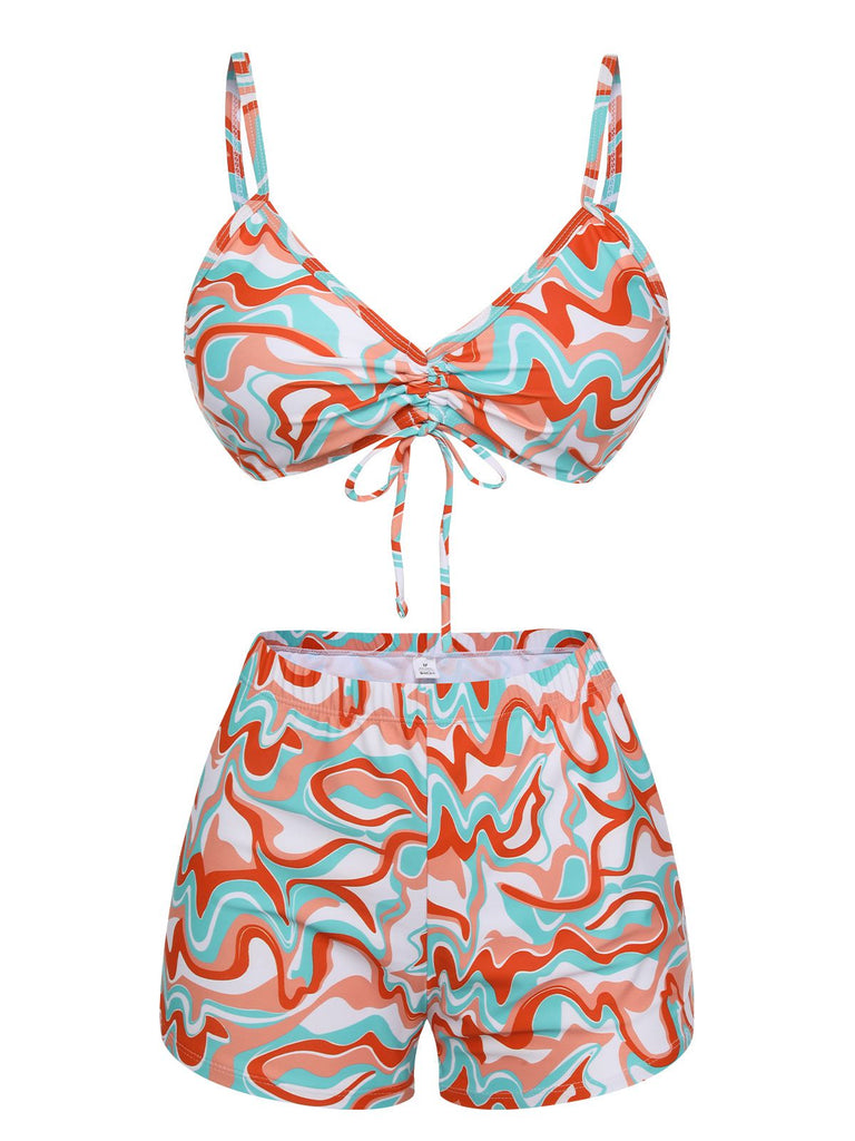 1950s Marble Print Strap Drawstring Swimsuit