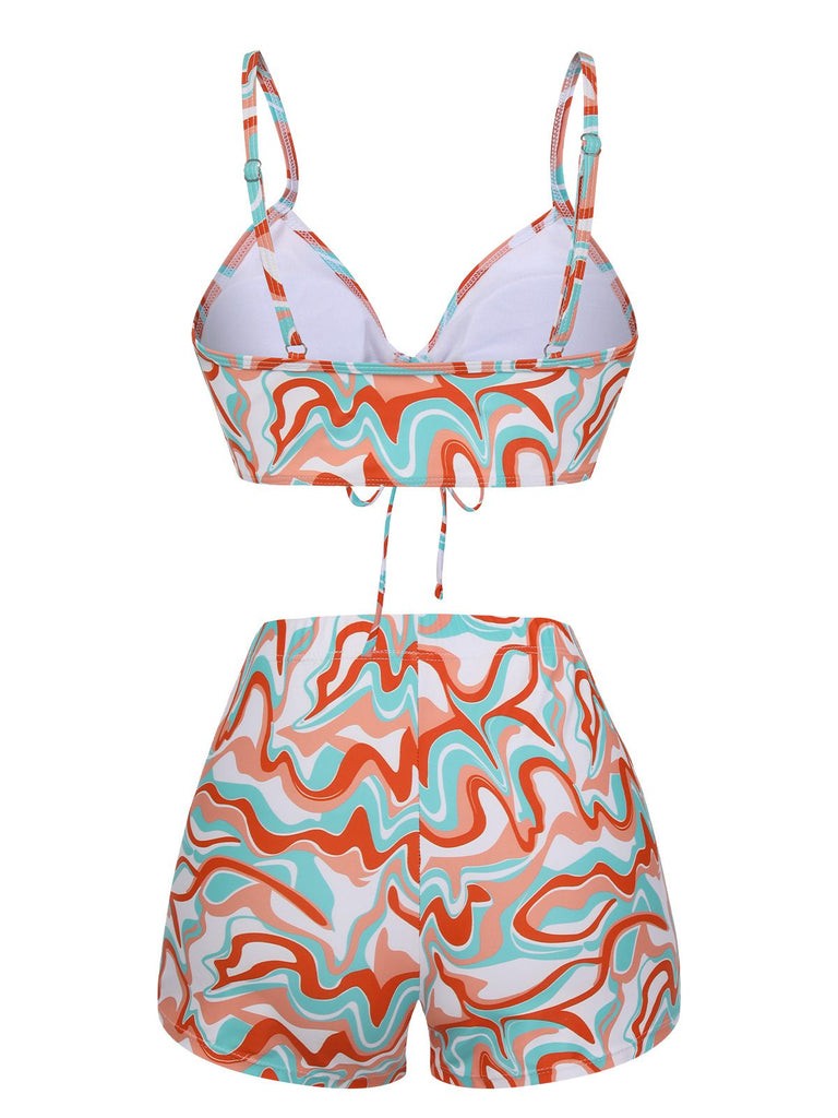 1950s Marble Print Strap Drawstring Swimsuit