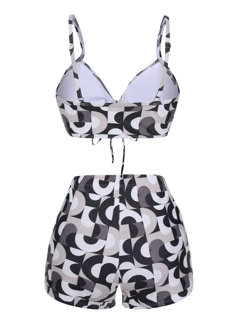 1950s Marble Print Strap Drawstring Swimsuit