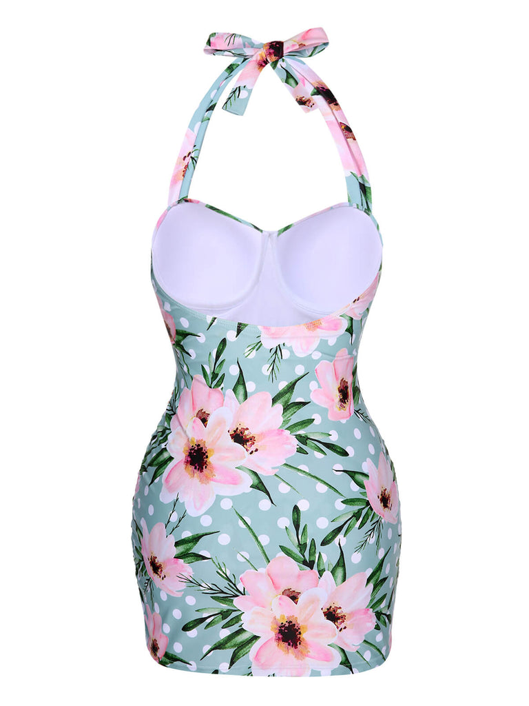 [Pre-Sale] Green & Pink 1930s Floral Polka Dot Halter Swimsuit