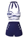 Dark Blue 1940s Halter Ocean Stripes Swimsuit