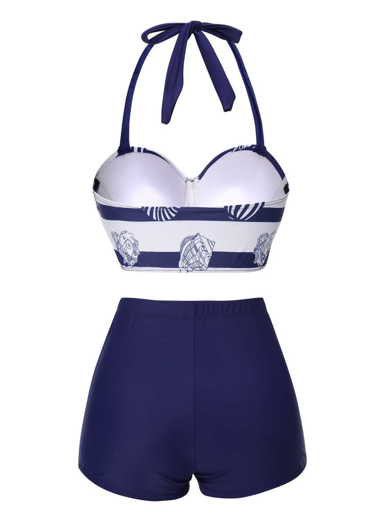 Dark Blue 1940s Halter Ocean Stripes Swimsuit