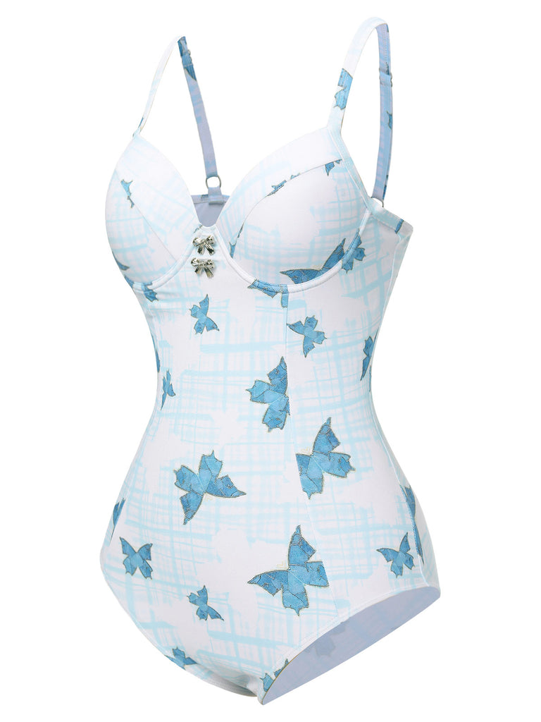 Multicolor 1970s Butterfly Bow Strap Swimsuit