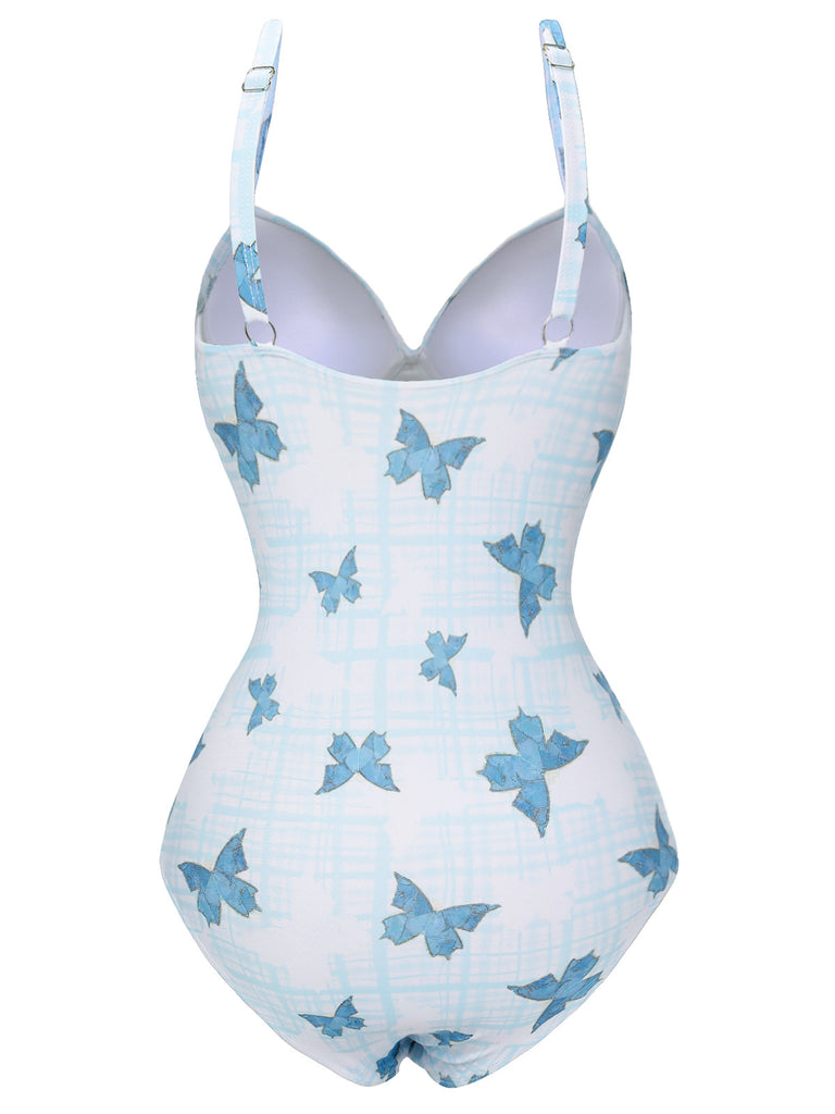 Multicolor 1970s Butterfly Bow Strap Swimsuit