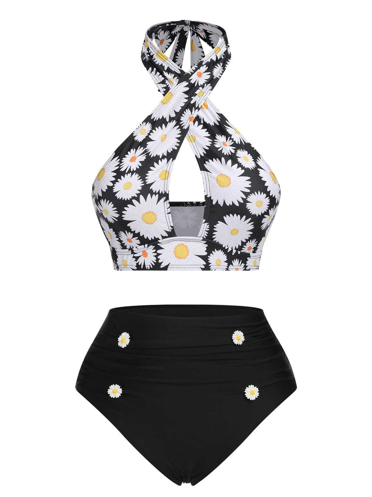 [Pre-Sale] Black 1950s Daisy Cross Strap Swimsuit