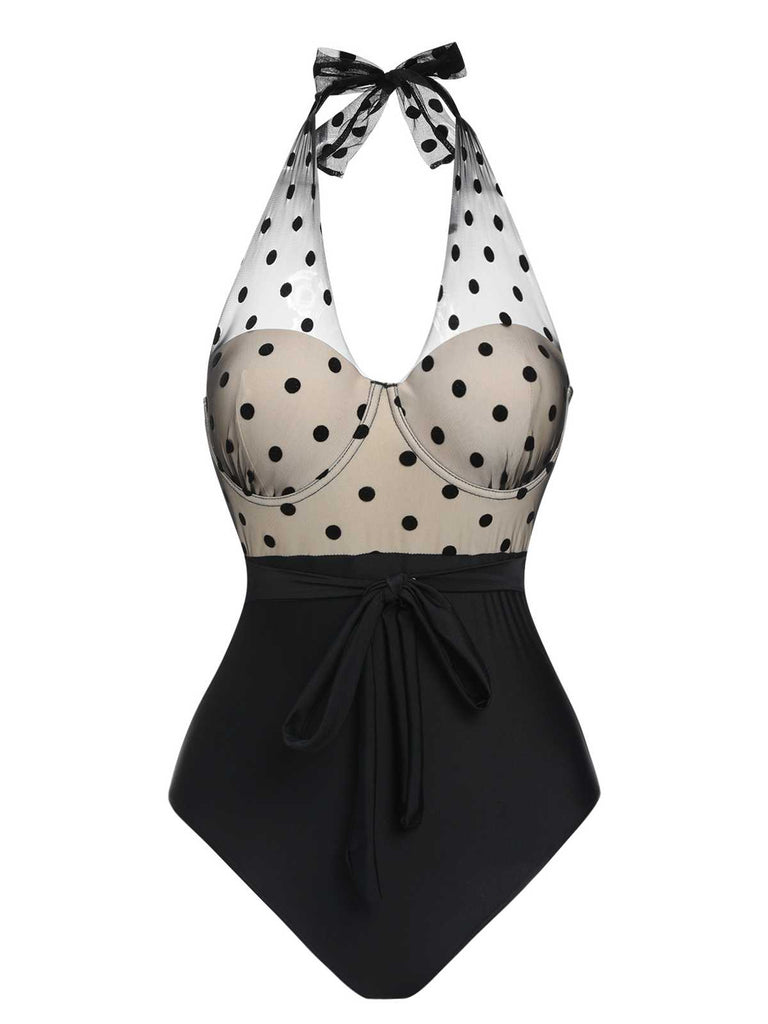 [Pre-Sale] Black 1950s Halter Polka Dots Mesh Swimsuit