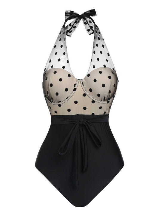 Black 1950s Halter Polka Dots Mesh Swimsuit