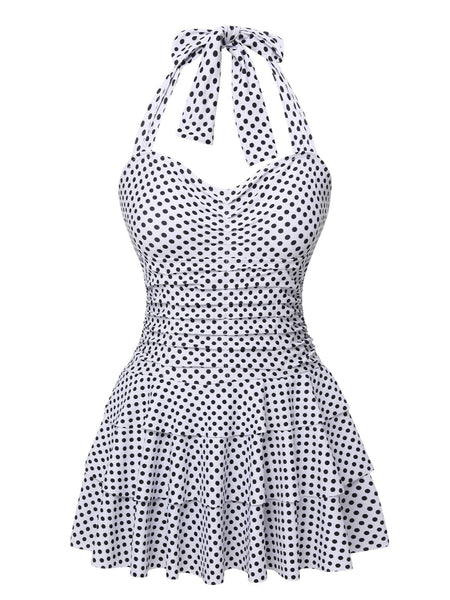 White 1940s Polka Dot Halter Skirted Swimsuit | Retro Stage