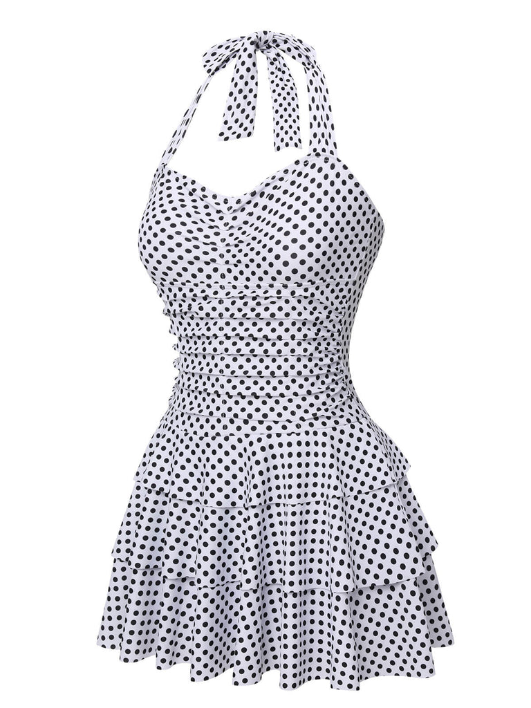 White 1940s Polka Dot Halter Skirted Swimsuit | Retro Stage