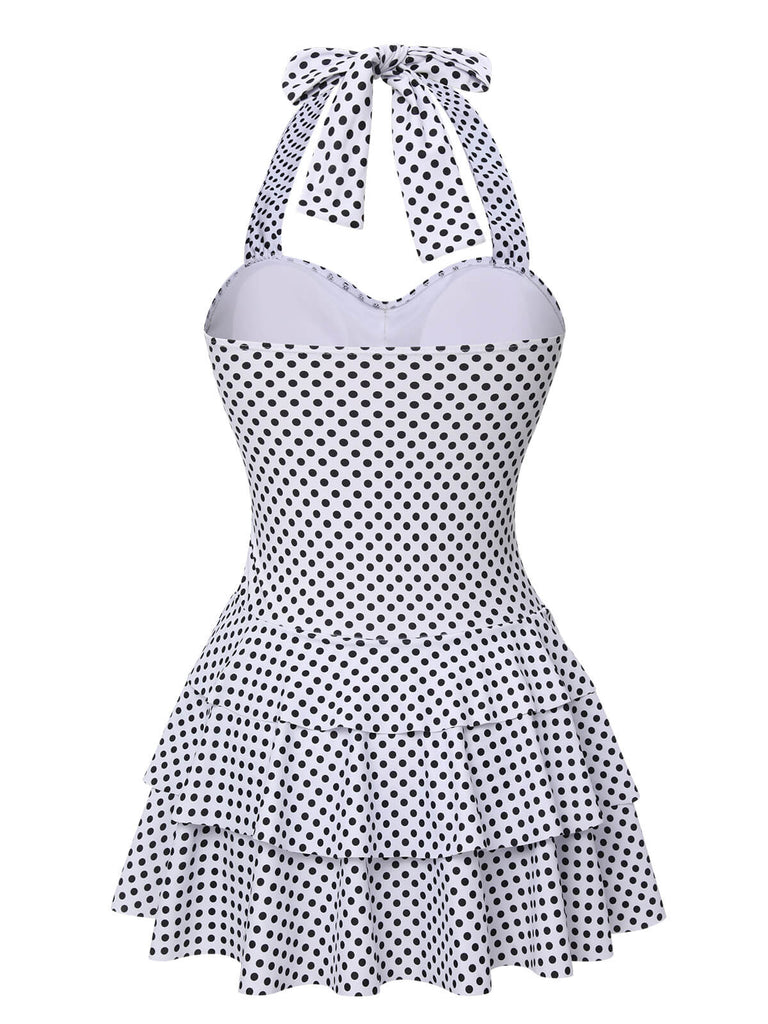 White 1940s Polka Dot Halter Skirted Swimsuit | Retro Stage