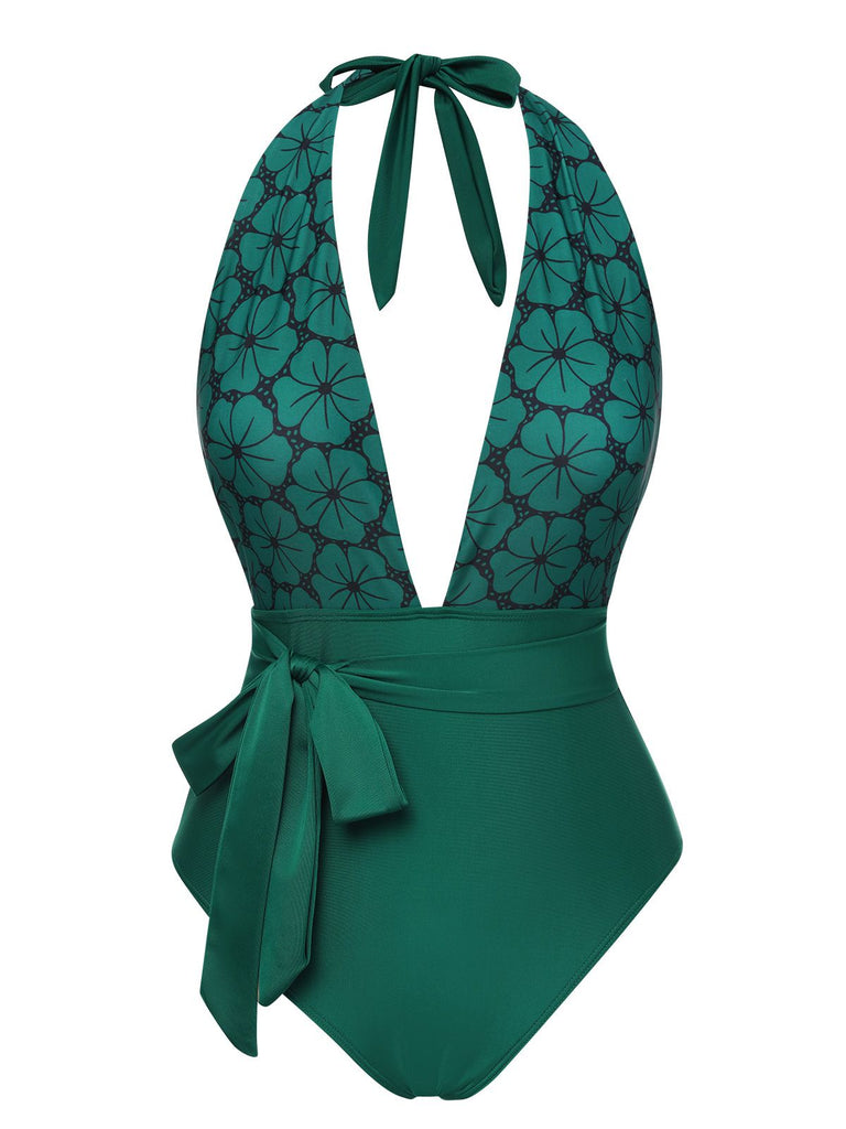 Green 1940s Floral Deep V-Neck Halter Swimsuit