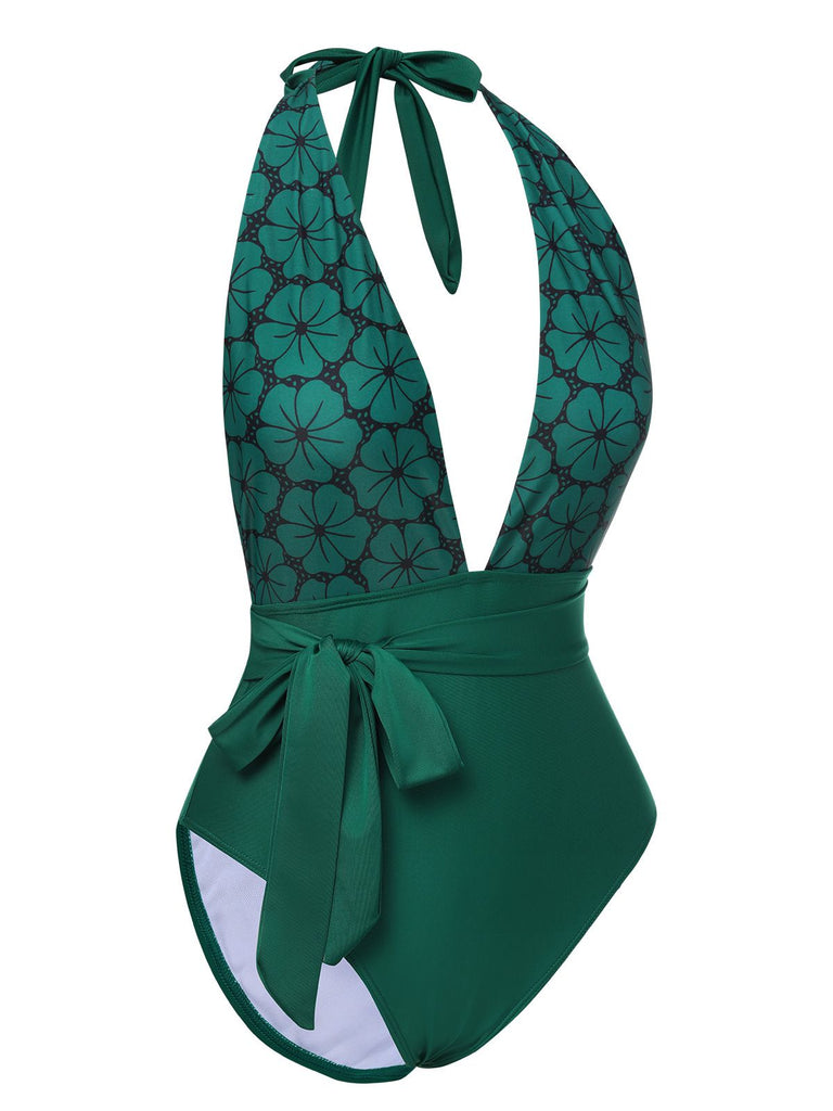 Green 1940s Floral Deep V-Neck Halter Swimsuit