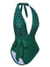 Green 1940s Floral Deep V-Neck Halter Swimsuit