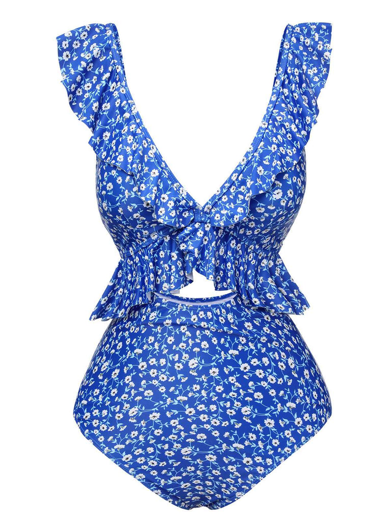 Blue 1950s Floral Ruffles One-Piece Swimsuit