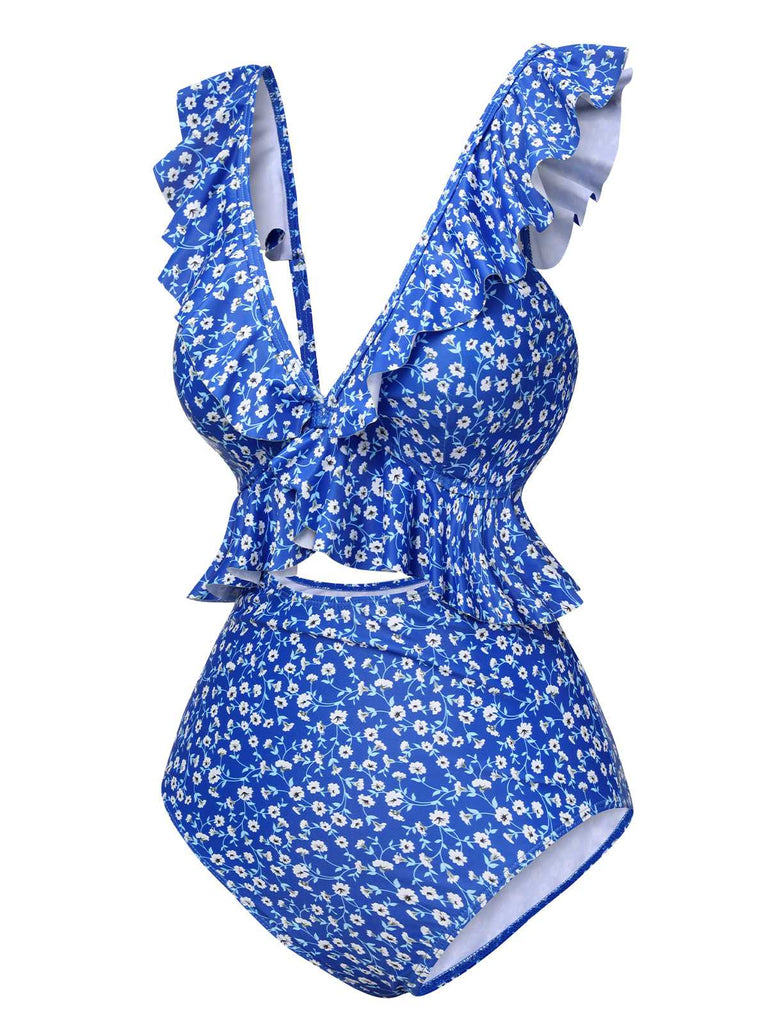 Blue 1950s Floral Ruffles One-Piece Swimsuit