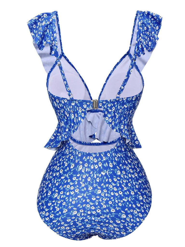 Blue 1950s Floral Ruffles One-Piece Swimsuit