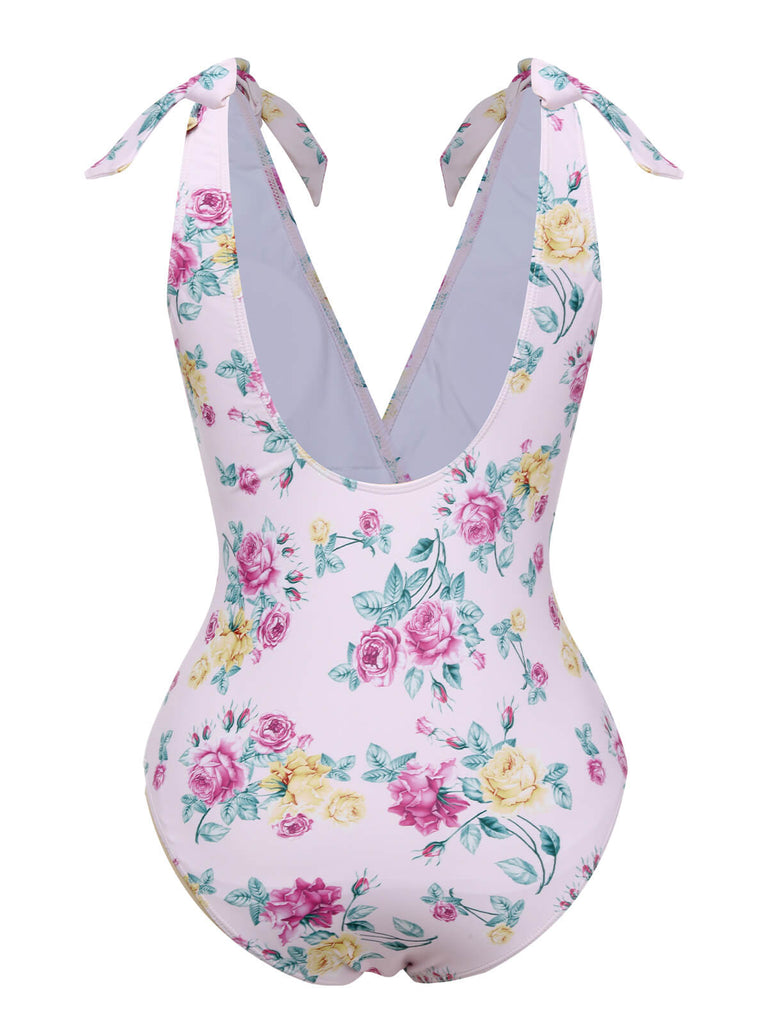 Lavender 1940s Floral Shoulder Tie Swimsuit