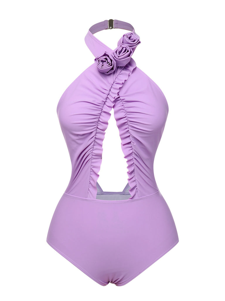 Lavender 1940s 3D Flowers Halter One-Piece Swimsuit