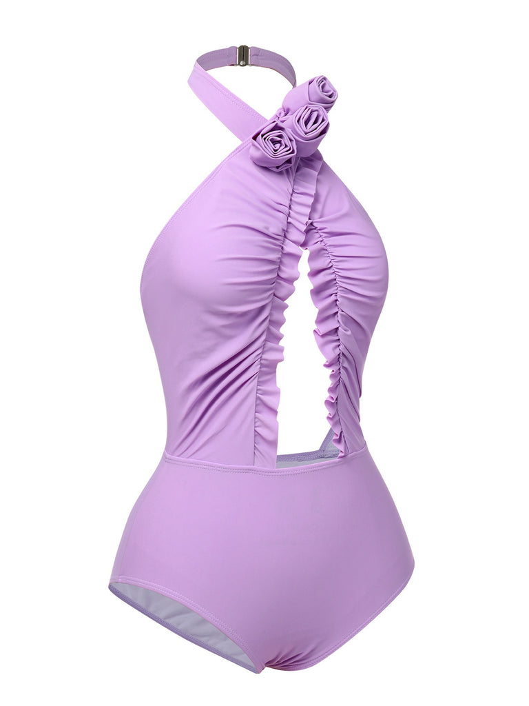 Lavender 1940s 3D Flowers Halter One-Piece Swimsuit