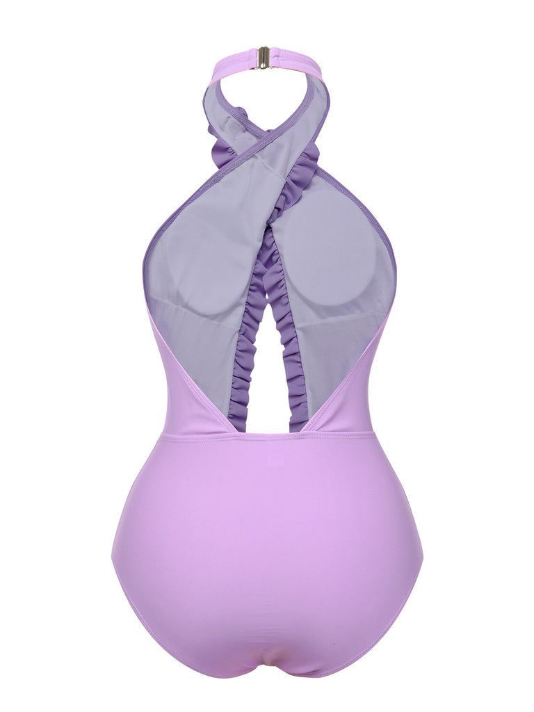 Lavender 1940s 3D Flowers Halter One-Piece Swimsuit