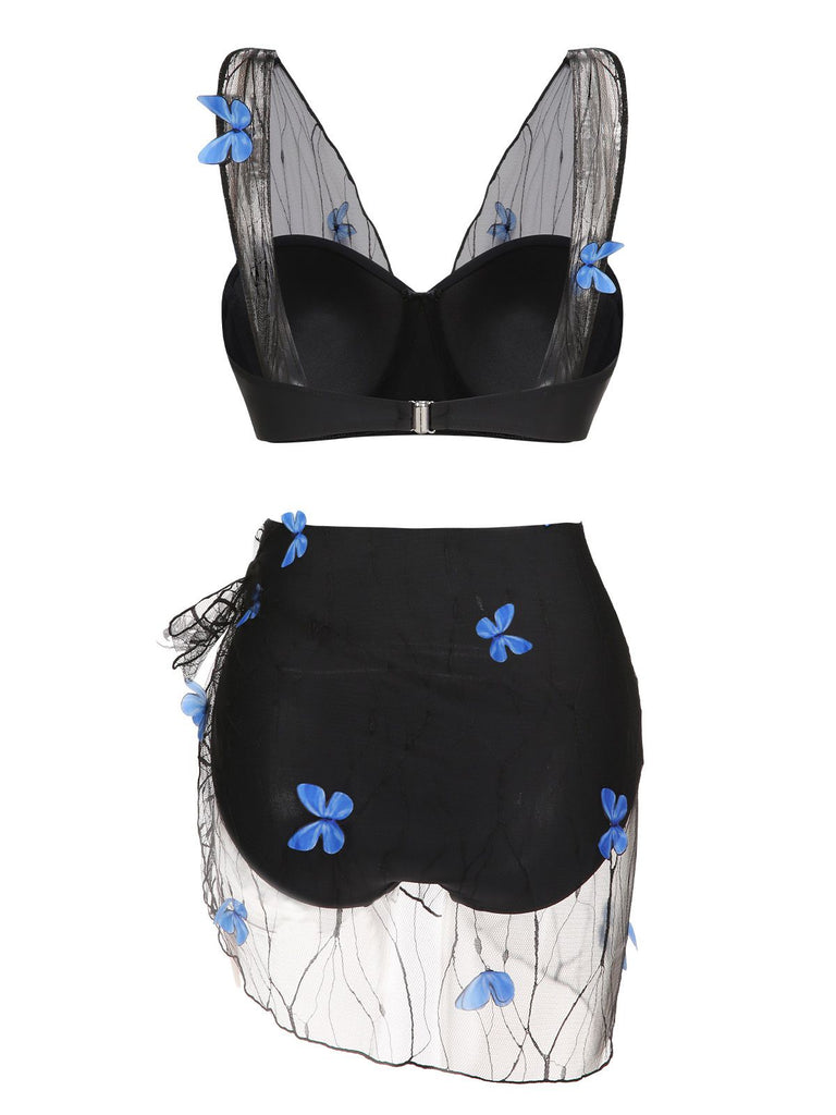 2PCS Black 1960s 3D Butterfly Mesh Swimsuit & Cover-Up