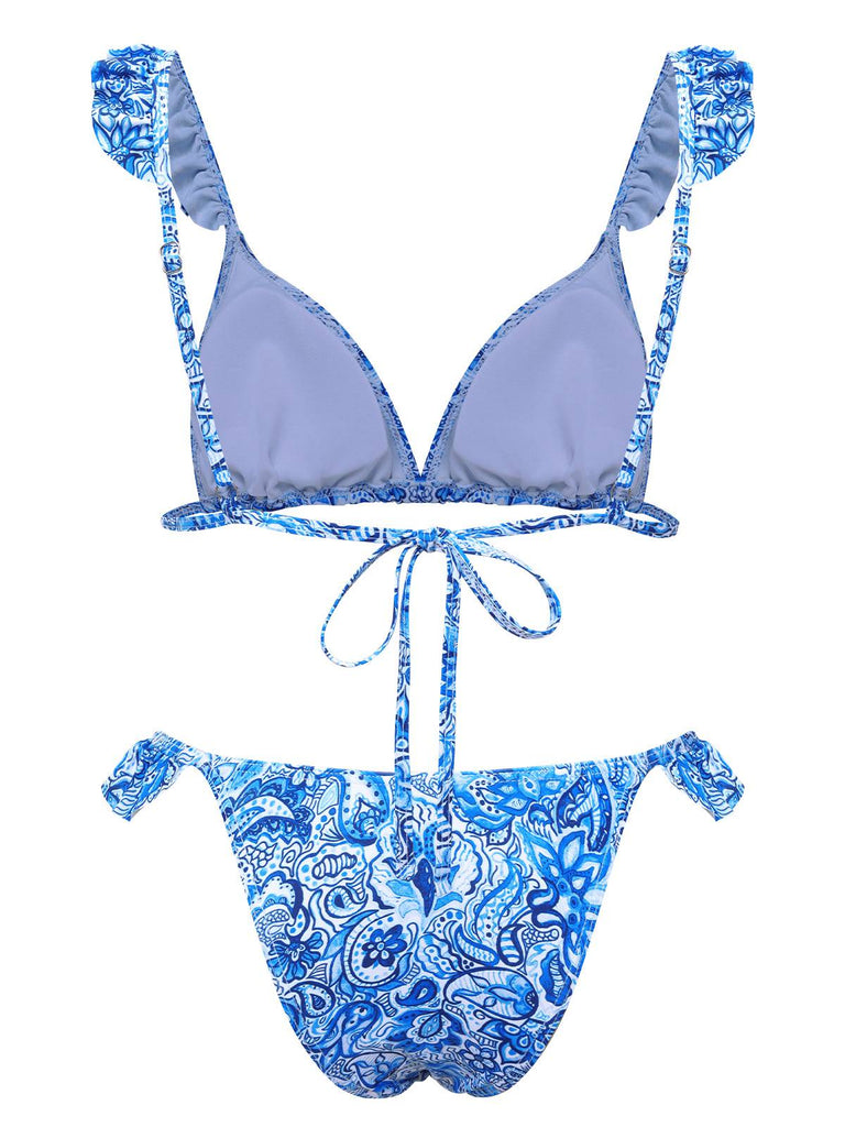 Blue 1950s Paisley Print Ruffle Trim Triangle Bikini Swimsuit