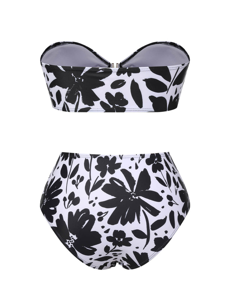 Black & White 1950s Plants Silhouette Bandeau Bikini