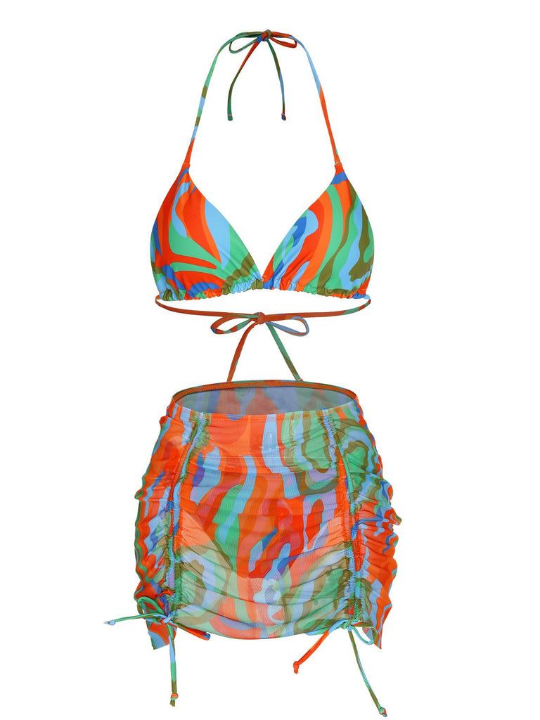 1950s Colorful Swimsuit & Drawstring Skirt Cover Up