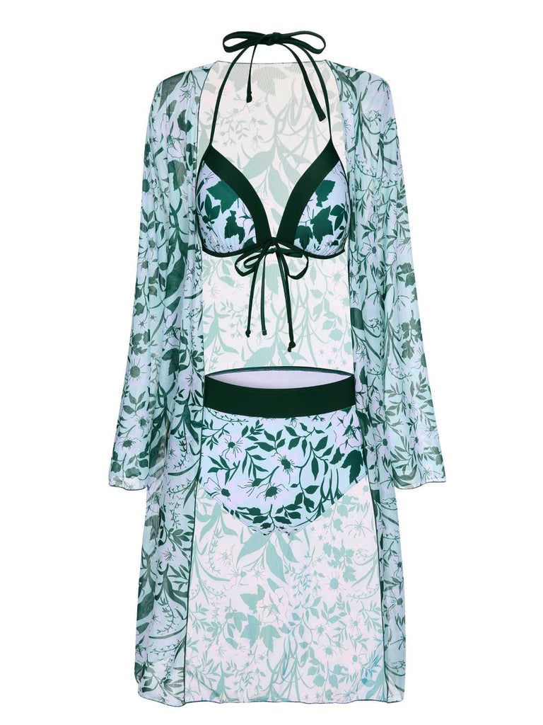 Green 1950s Halter Plants Print Swimsuit & Cover-Up