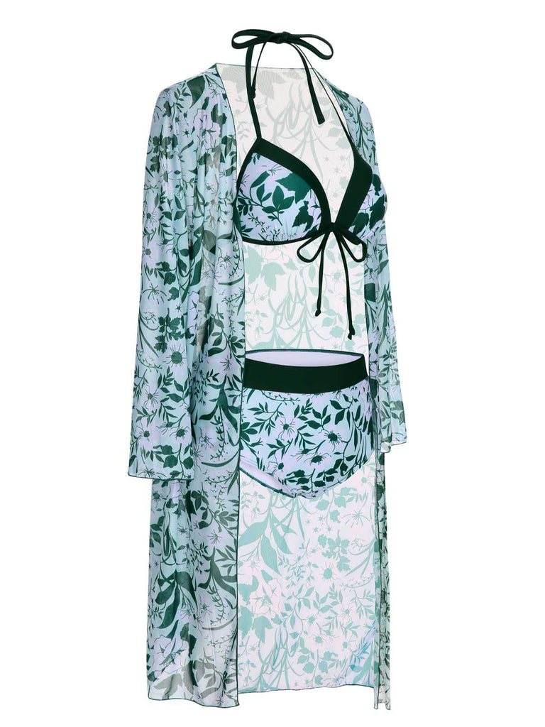 Green 1950s Halter Plants Print Swimsuit & Cover-Up