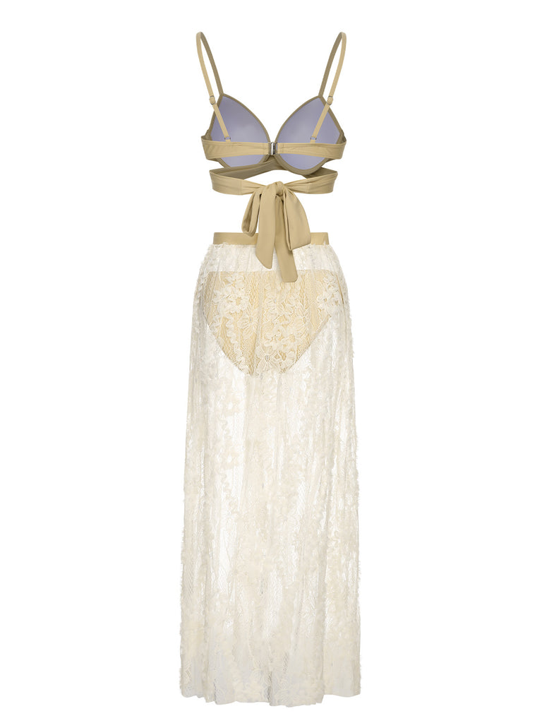 Beige 1950s Solid Wrap Swimsuit & Lace Skirt Cover Up