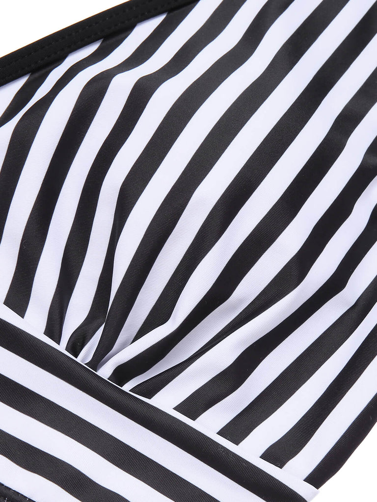 Black 1950s Stripe Binding V-Neck Swimsuit