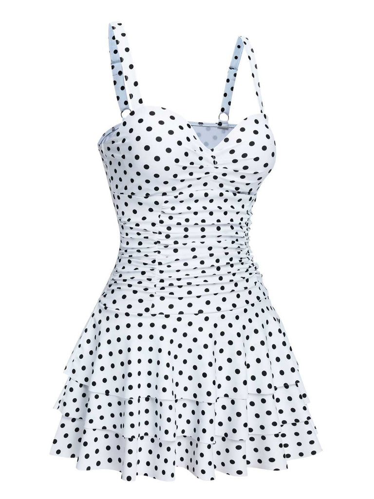 [Pre-Sale] White 1950s Spaghetti Strap Polka Dots Swimsuit