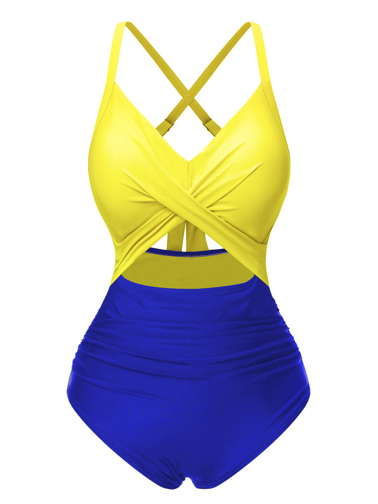 [Pre-Sale] Yellow & Blue 1940s Hollow Waist Patchwork Swimsuit