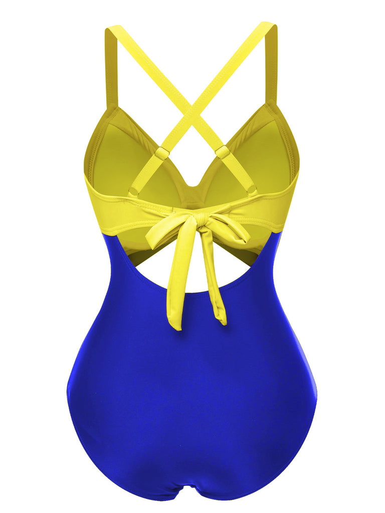 [Pre-Sale] Yellow & Blue 1940s Hollow Waist Patchwork Swimsuit