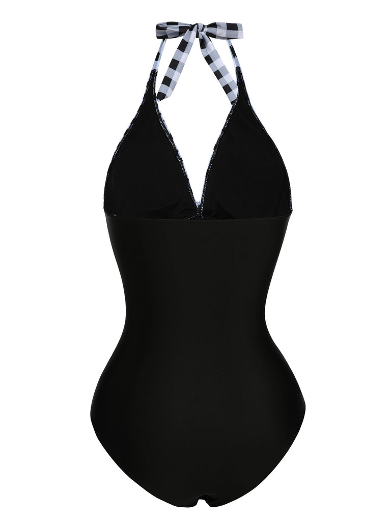 Black 1940s Halter Backless Plaids One-Piece Swimsuit