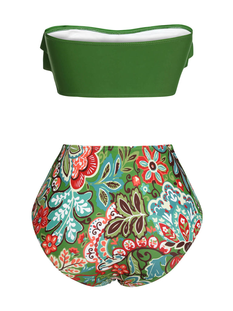 Green 1950s Plants Print Bandeau Bikini Swimsuit