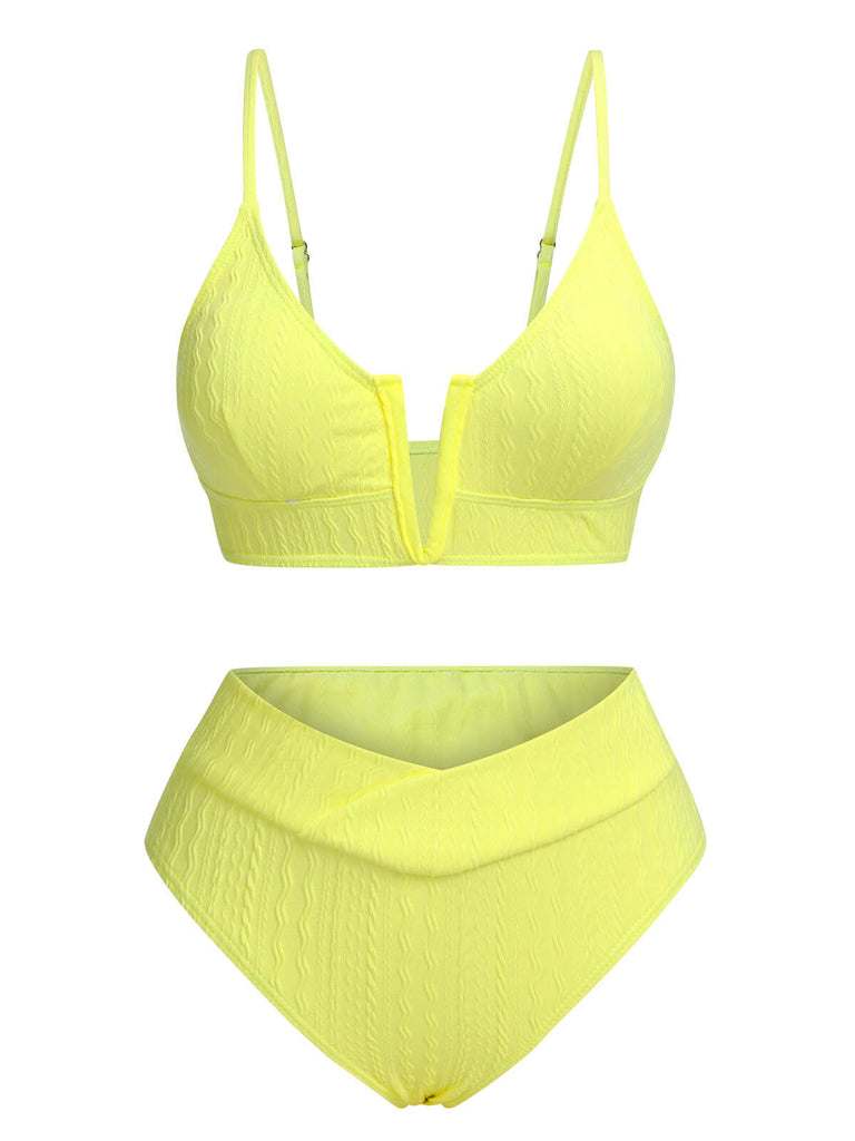 Yellow 1950s Solid Knit Bikini Set