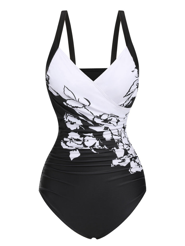 Black 1930s Wide-Straps Flowers Swimsuit
