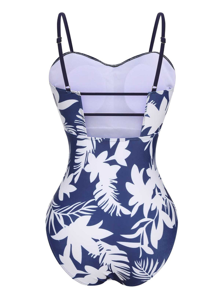 1960s Spaghetti Strap Plants Solid One-Piece Swimsuit
