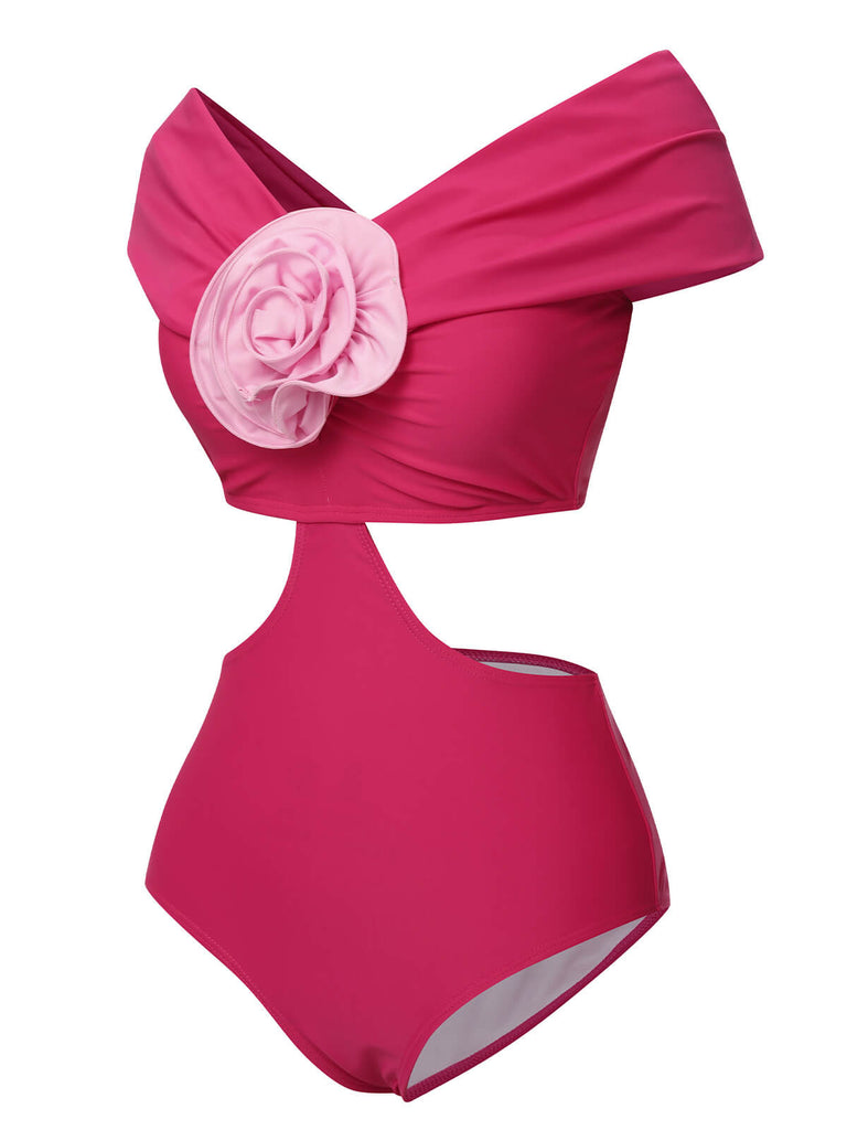 Rose Red 1930s 3D Rose Off Shoulder Swimsuit