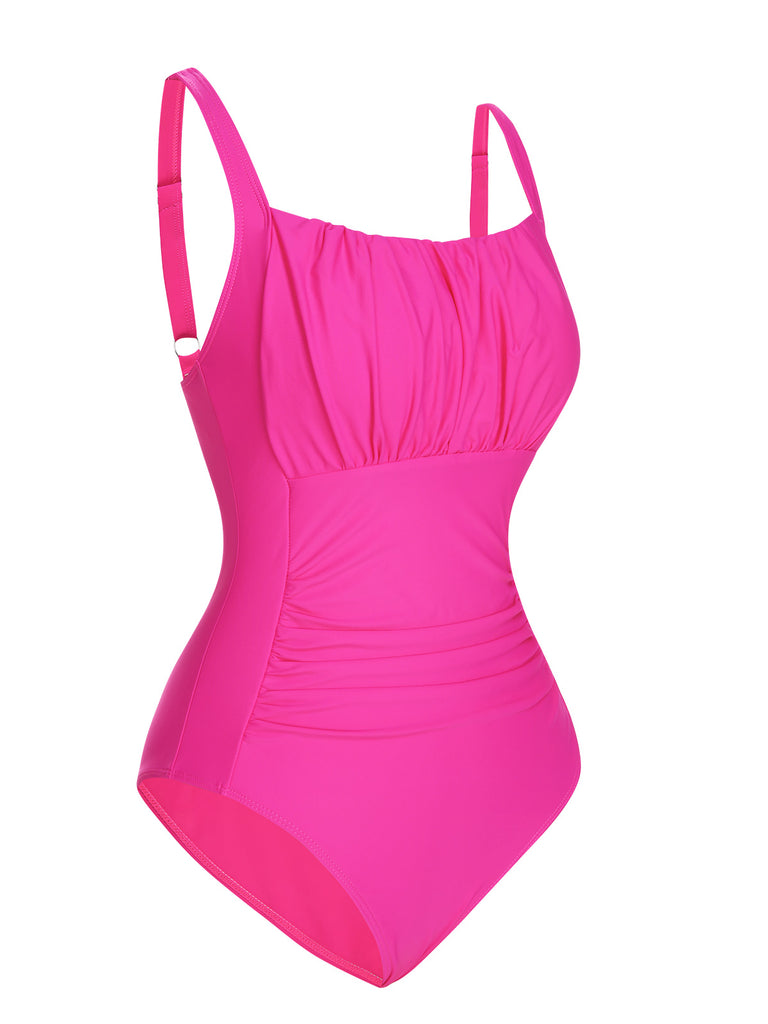 Pink 1940s Solid Wrinkle Strap Swimsuit