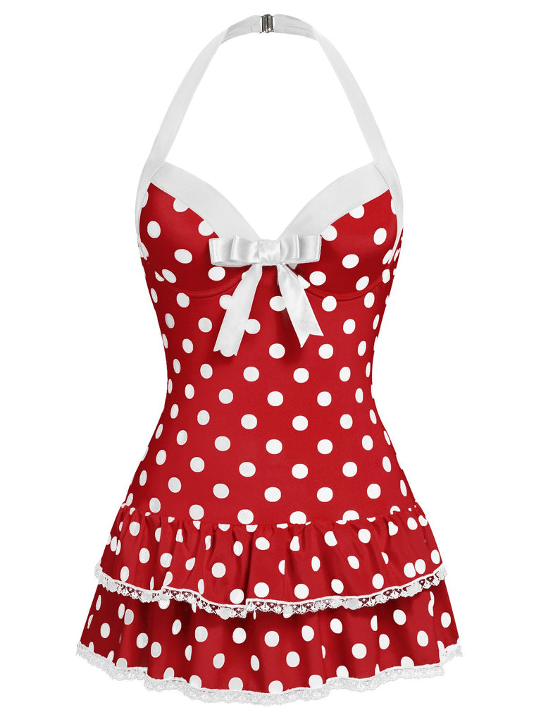 [Pre-Sale] Blue 1940s Halter Polka Dots Bow One-Piece Swimsuit