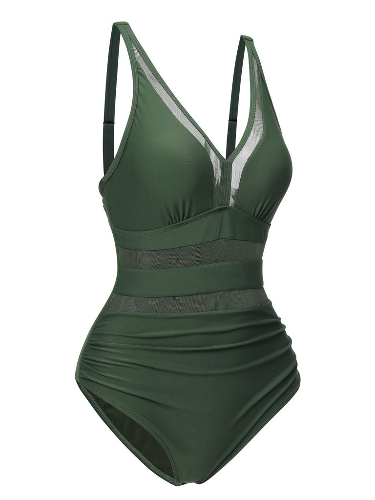 Green 1950s Solid V-Neck Lace Patchwork Swimsuit