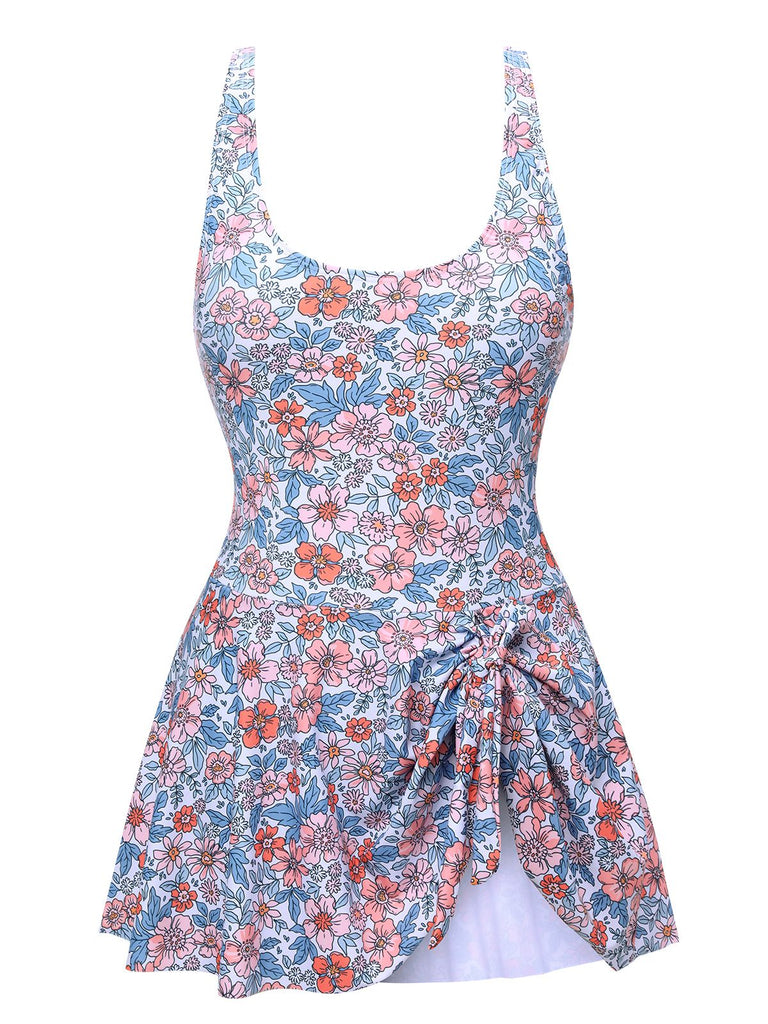 1950s Floral Knot Wide Strap Skirt Swimsuit