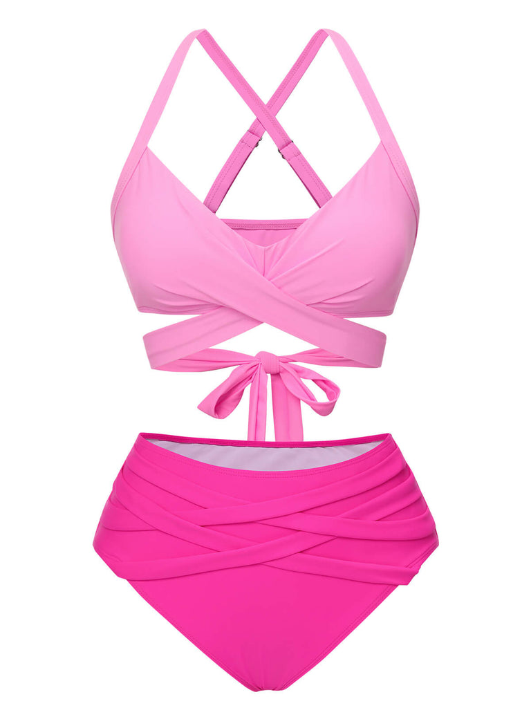 Pink 1960s Solid Strap Bandage Bikini Set
