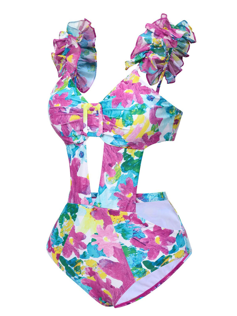 1960s Floral Ruffle Cutout Swimsuit