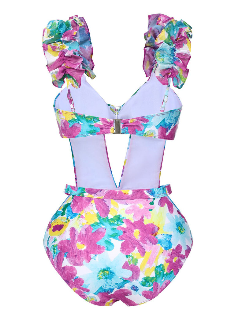 1960s Floral Ruffle Cutout Swimsuit